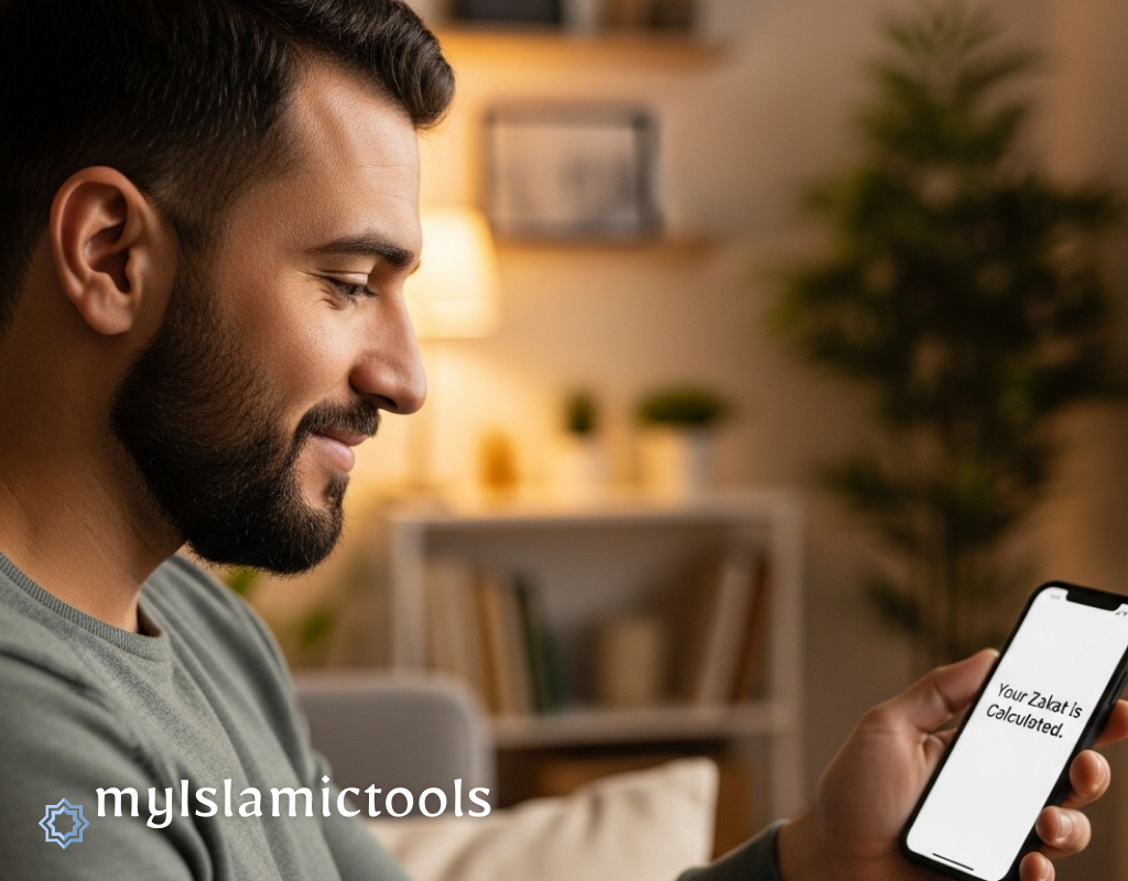 A man smiling with relief as he looks at a successfully calculated Zakat amount on his smartphone in his home.