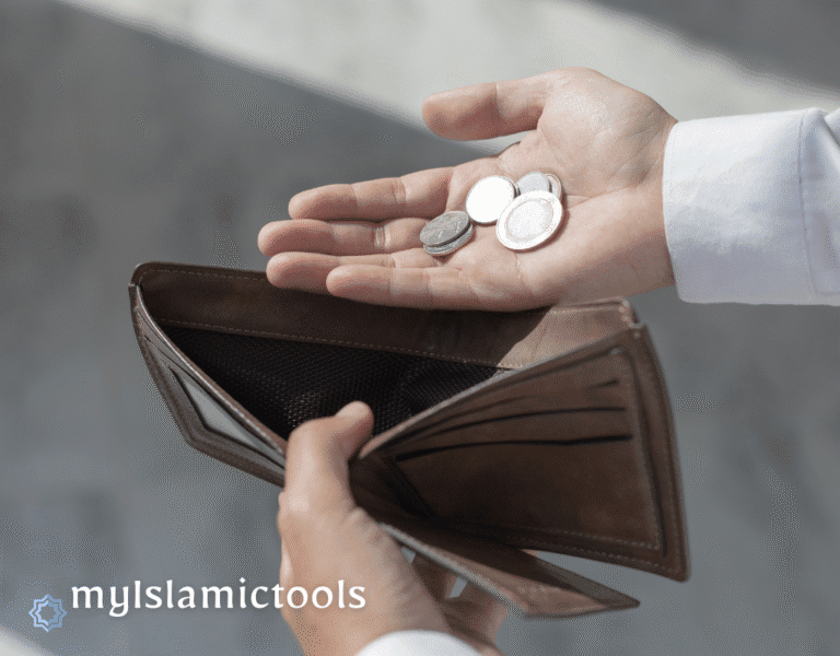 A person holding an empty wallet and a few coins, seeking Islamic advice for financial problems.