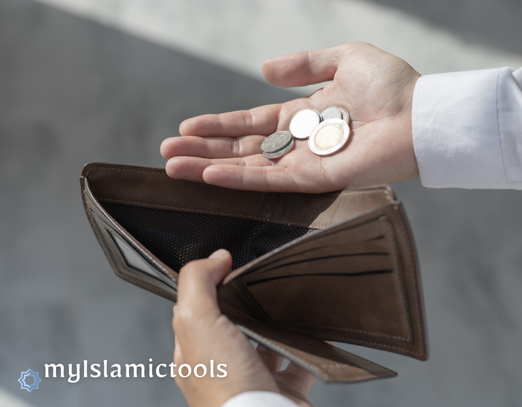 A person holding an empty wallet and a few coins, seeking Islamic advice for financial problems.