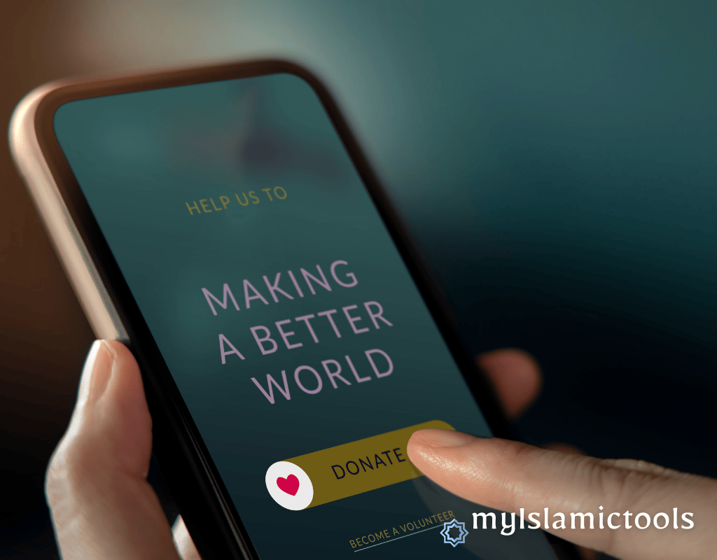 A person's finger about to press a 'Donate' button on a smartphone to support myislamictools.