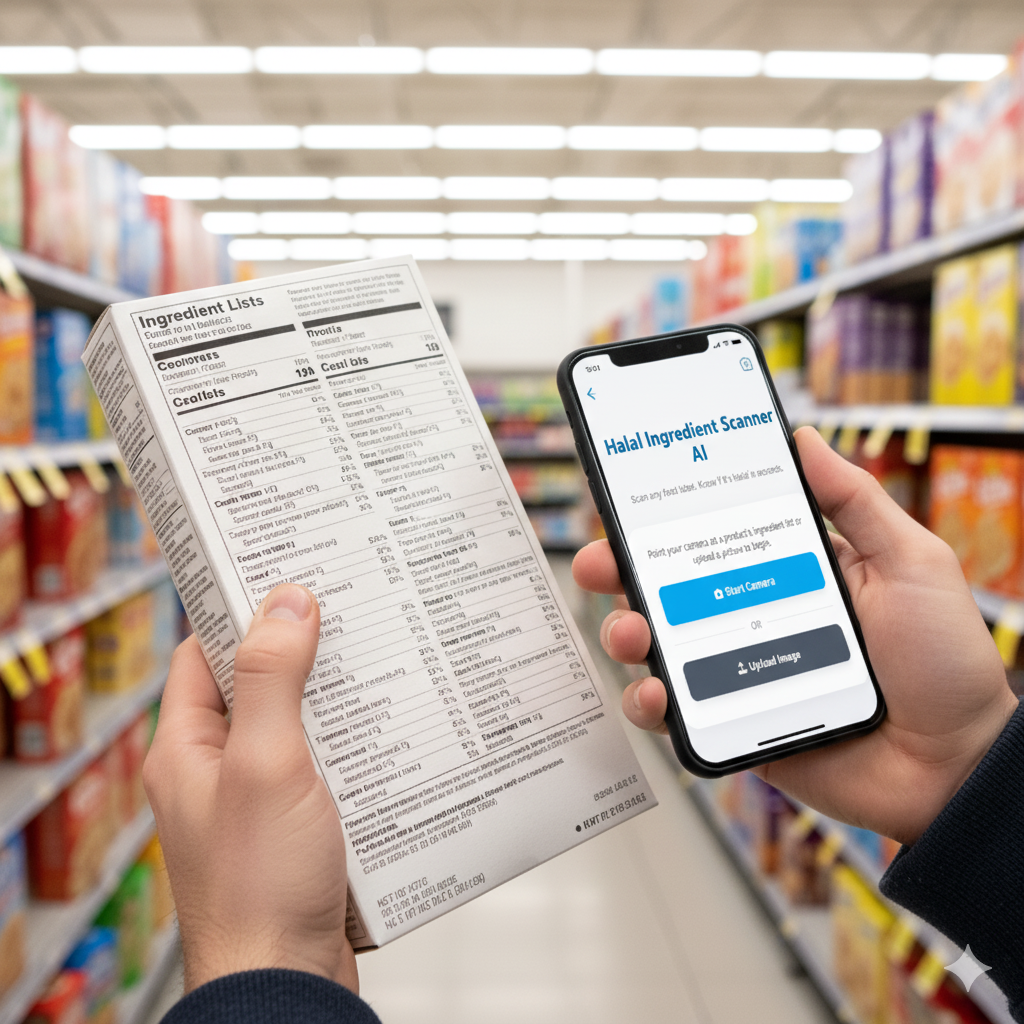 A person in a grocery store looking confused at an ingredient label, about to use the best halal food scanner.