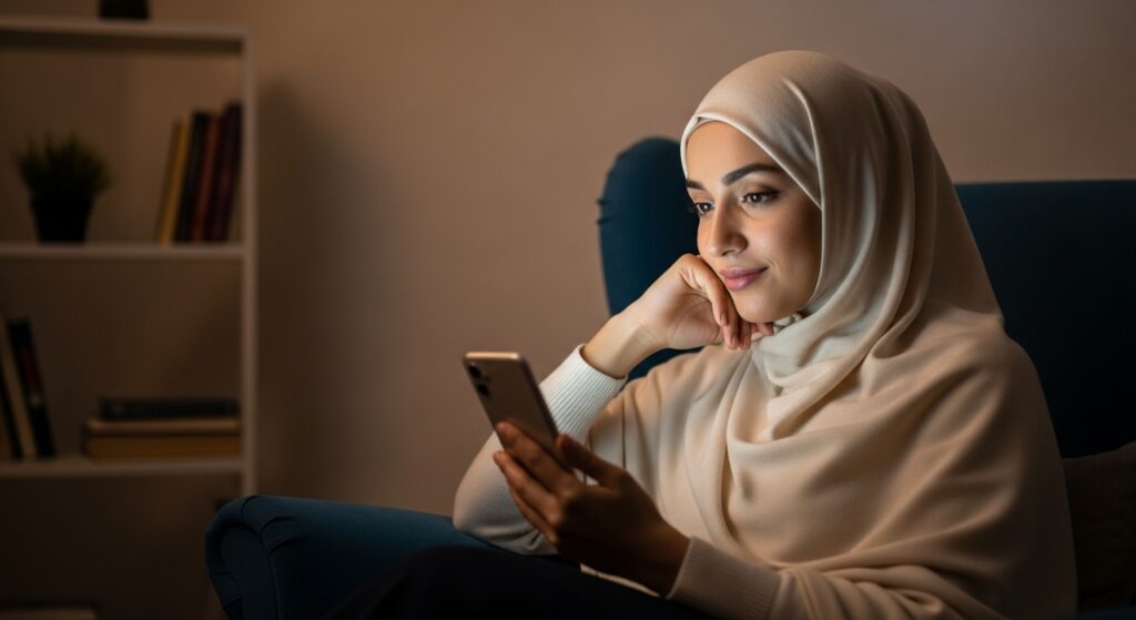 A Muslim finding peace and tranquility using an Islamic Guidance AI tool on their phone.