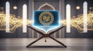 A futuristic rehal holding a glowing tablet with the Quran, symbolizing the powerful intersection of Islam and AI.