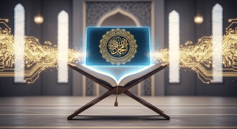 A futuristic rehal holding a glowing tablet with the Quran, symbolizing the powerful intersection of Islam and AI.