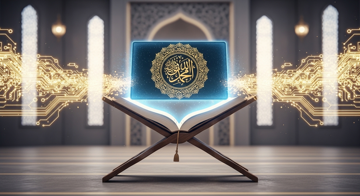 A futuristic rehal holding a glowing tablet with the Quran, symbolizing the powerful intersection of Islam and AI.