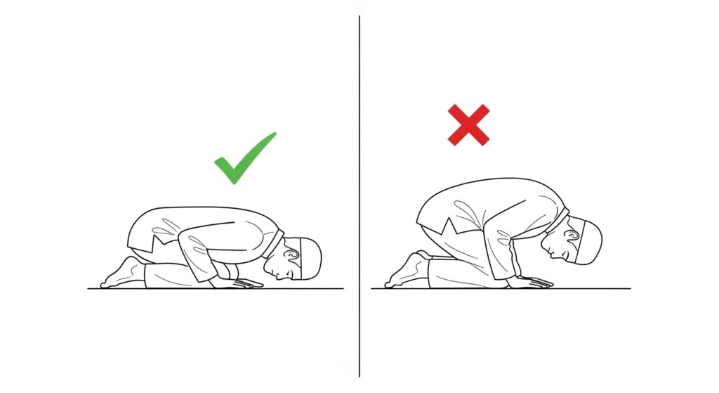 An illustration comparing the correct straight-back ruku posture with an incorrect curved-back posture, highlighting one of the critical common mistakes in salah.