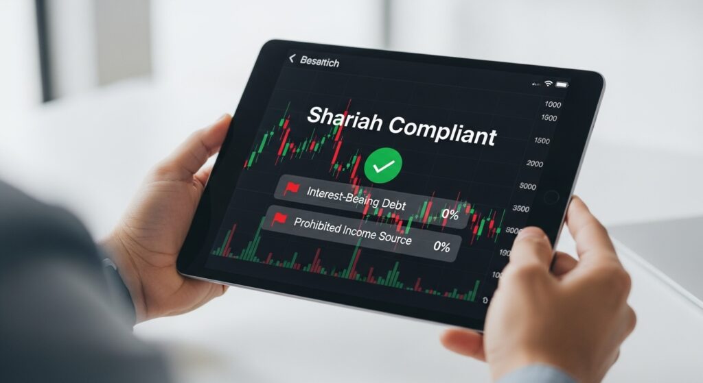 A person uses a tablet to screen an investment, ensuring it is not a Haram business in Islam by checking its Shariah compliance status.