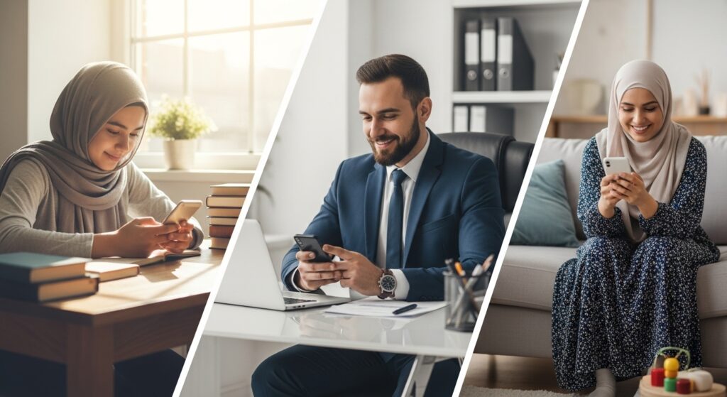 Diverse Muslims using Islamic Guidance AI tools for their daily life problems.