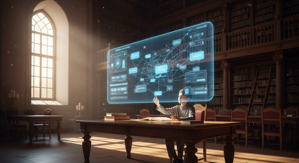 A student using a holographic interface to study Islamic texts, showing the future of education with Islam and AI.