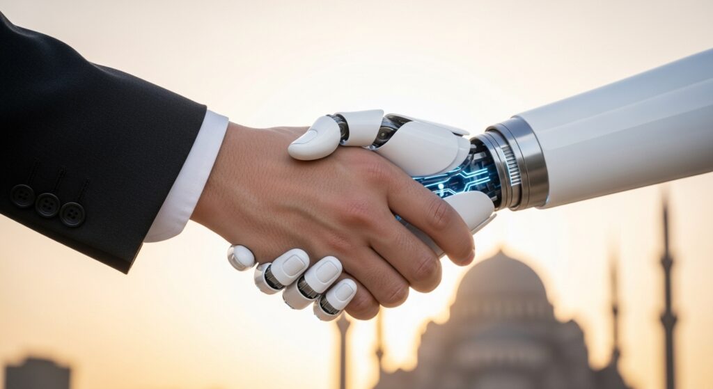A human hand and a robot hand shaking in partnership, representing the ethical collaboration between Islam and AI.