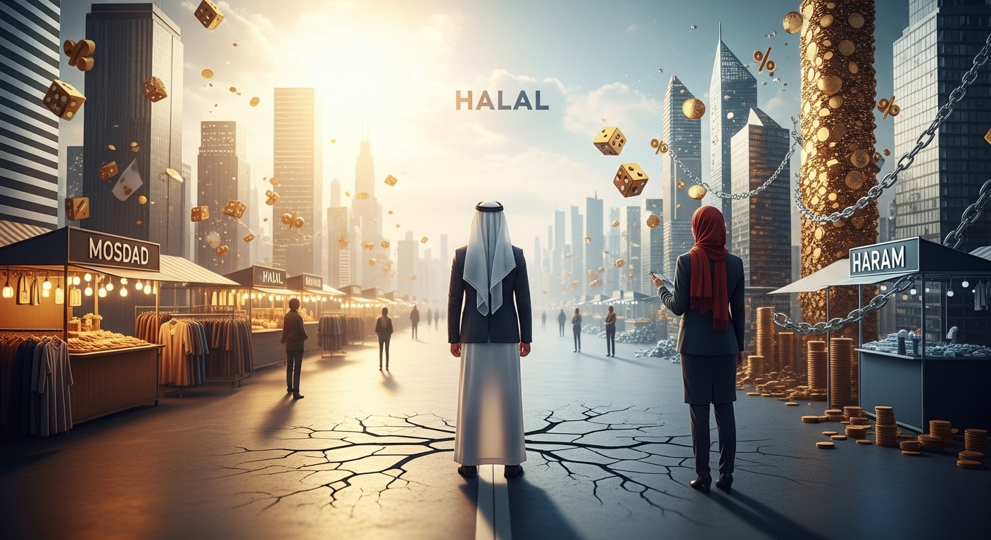 A Muslim entrepreneur deciding between a bright, clear path representing a Halal business and a dark, shadowy path representing a Haram business in Islam.