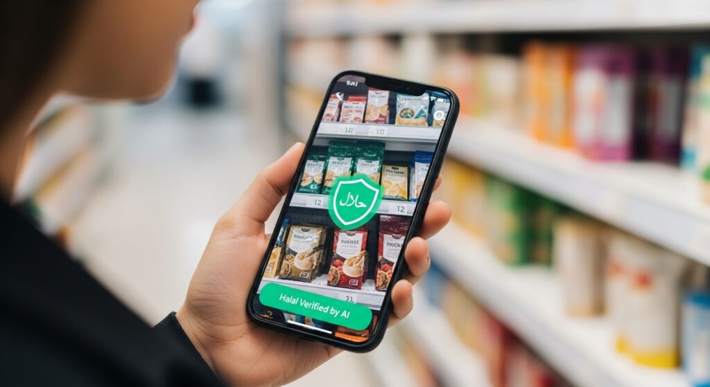 A smartphone app using advanced technology to verify a product's Halal status, a key application of Islam and AI.