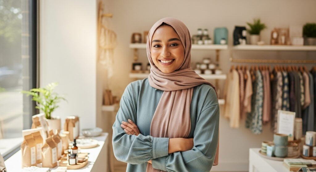 A successful Muslim entrepreneur in her modern, ethical boutique, an example of a thriving Halal business in Islam.