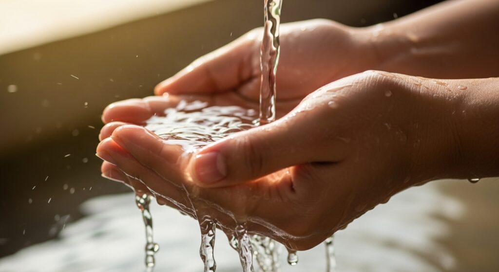 A person carefully performing wudu, a key step to preventing common mistakes in salah by ensuring proper purification before prayer.