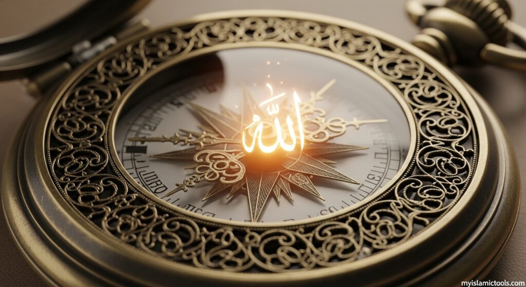 A glowing, intricate compass, symbolizing Hayā (inner modesty) as the moral compass that guides all practices of modesty in Islam.