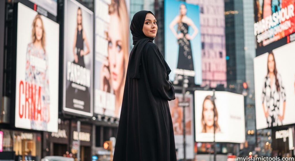 A woman in modest clothing stands peacefully, turning her back on chaotic consumerist advertisements, symbolizing freedom from external pressure found in modesty in Islam.