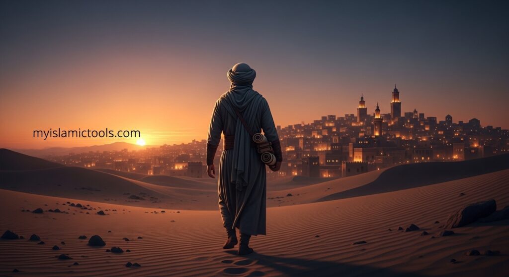 A lone scholar walking across a desert toward a distant city, representing the historical Rihla (journey for knowledge) driven by the spirit of Quran and knowledge.