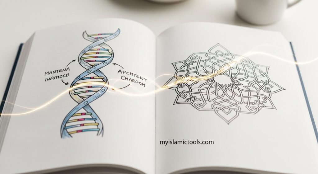 An open book showing a DNA helix and a geometric pattern, symbolizing the integration of scientific and spiritual disciplines within Quran and knowledge.