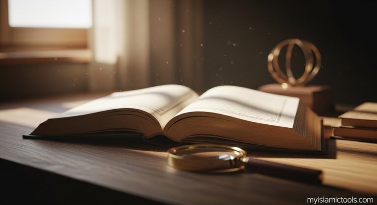 A revered open book on a wooden desk with a magnifying glass, symbolizing the deep pursuit of Quran and knowledge and its divine illumination.