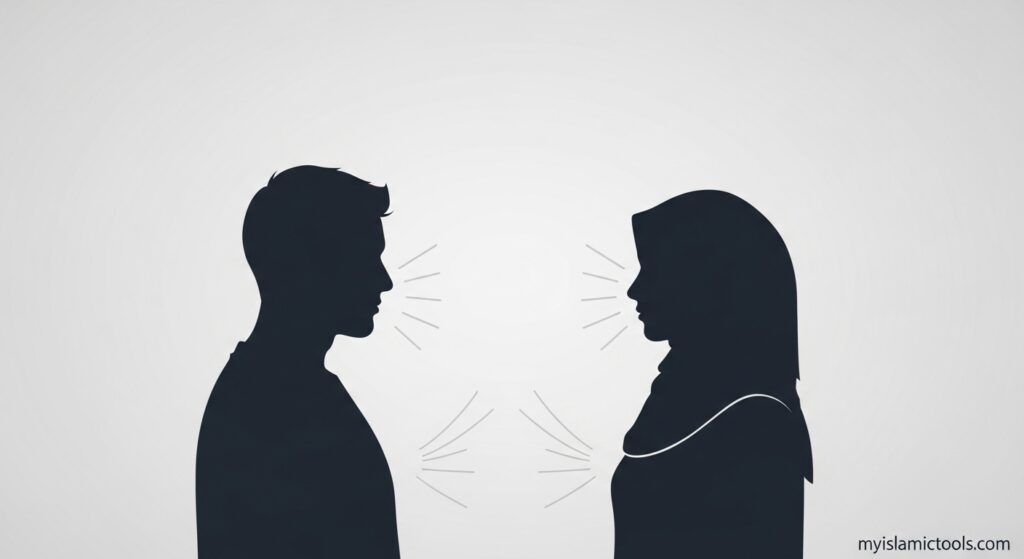 Graphic showing balanced male and female silhouettes with lines indicating lowered gaze and mutual respect, illustrating the universal application of modesty in Islam.