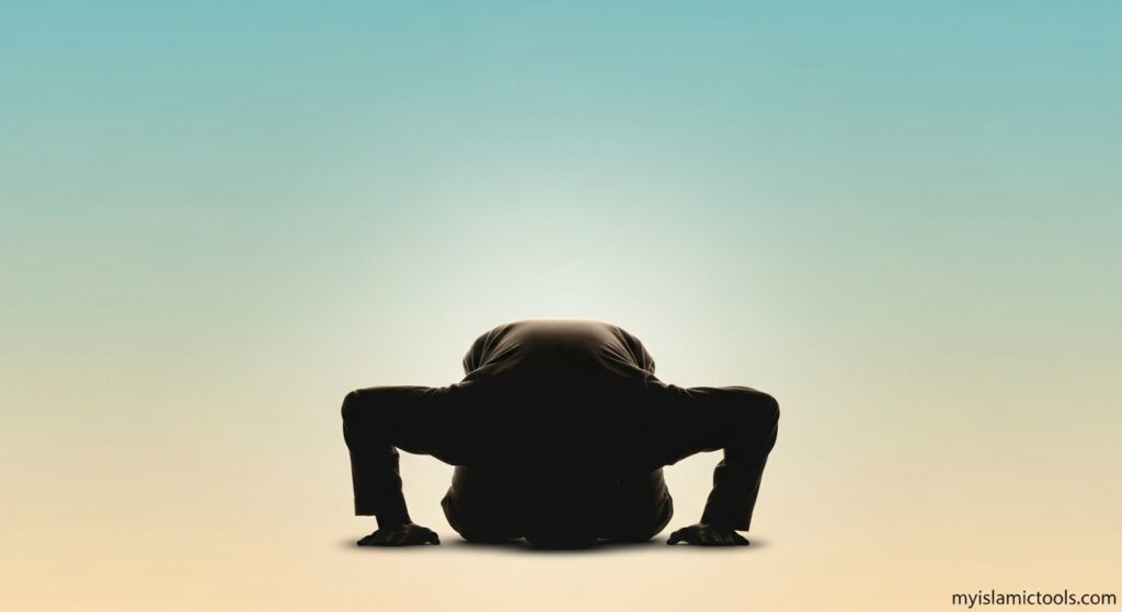 A silhouette of a person in the posture of prostration (Sujud), symbolizing the direct connection between Islam and mental health through mindful worship and inner peace.