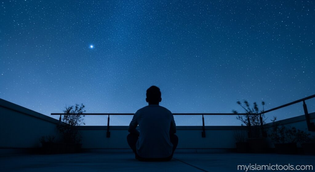 A person sitting calmly on a rooftop looking up at the vast, starry night sky, engaged in Tafakkur (contemplation) as mandated by the Quran and knowledge.