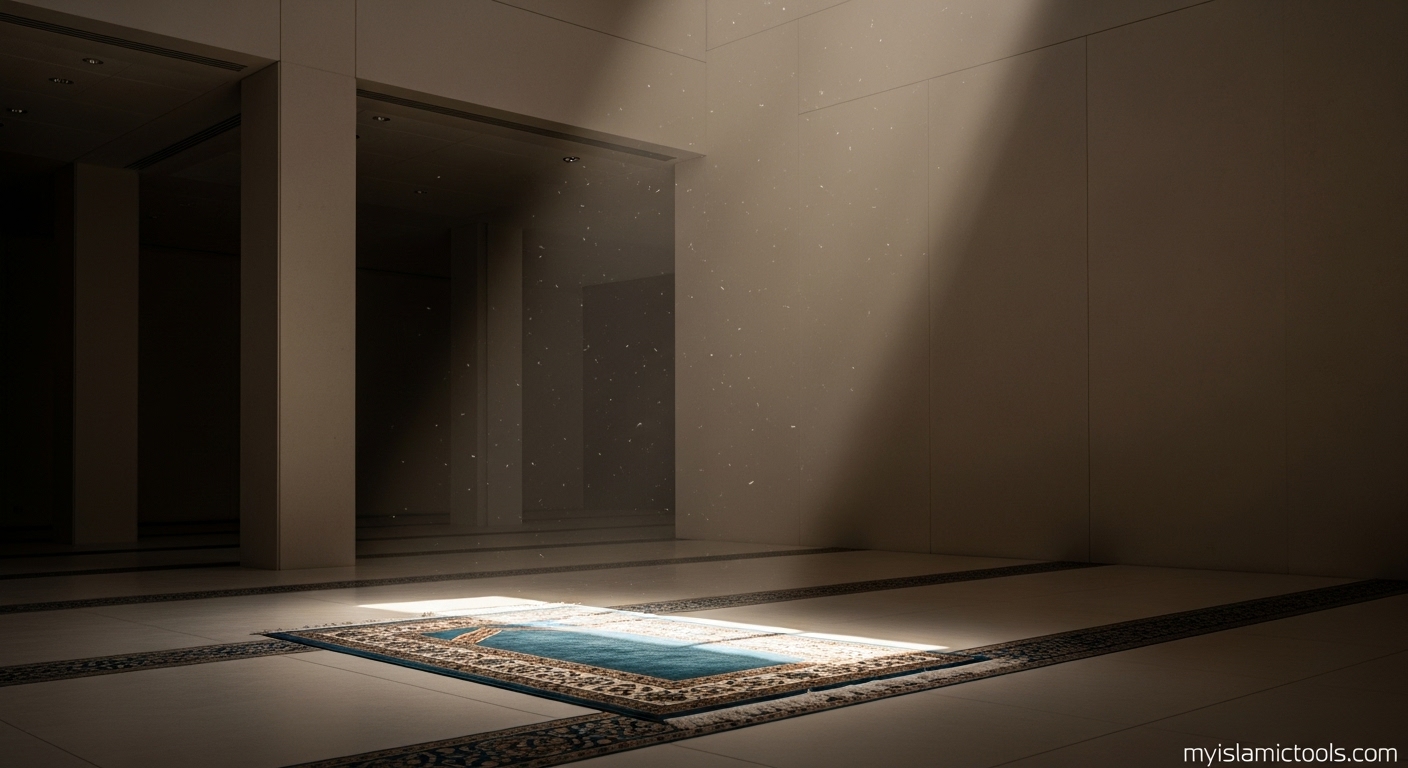 A tranquil shaft of sunlight illuminating a mosque interior, symbolizing the peace and structure that Islam and mental health provide.