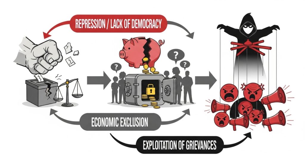Infographic showing the political roots of radicalization, including repression, economic failure, and lack of democratic space.