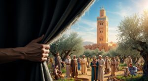 A hand pulls back a dark veil, revealing a vibrant, peaceful landscape with minaret, symbolizing truth and clarity about Islam.