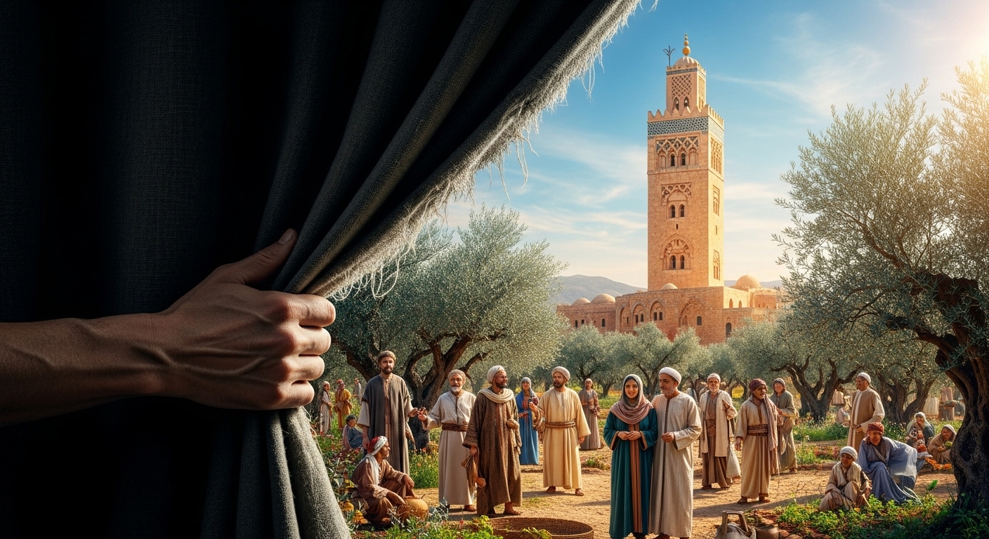 A hand pulls back a dark veil, revealing a vibrant, peaceful landscape with minaret, symbolizing truth and clarity about Islam.