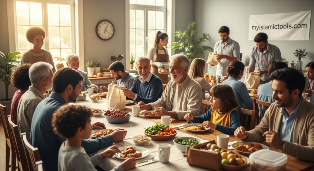 Diverse community members sharing a dignified meal or receiving aid, showcasing the compassionate and respectful aspect of Zakat and poverty relief.