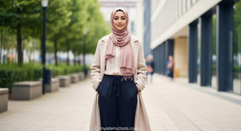 A confident, smiling woman in modern, stylish modest attire stands in an urban setting, embodying the empowerment and dignity found in modesty in Islam.