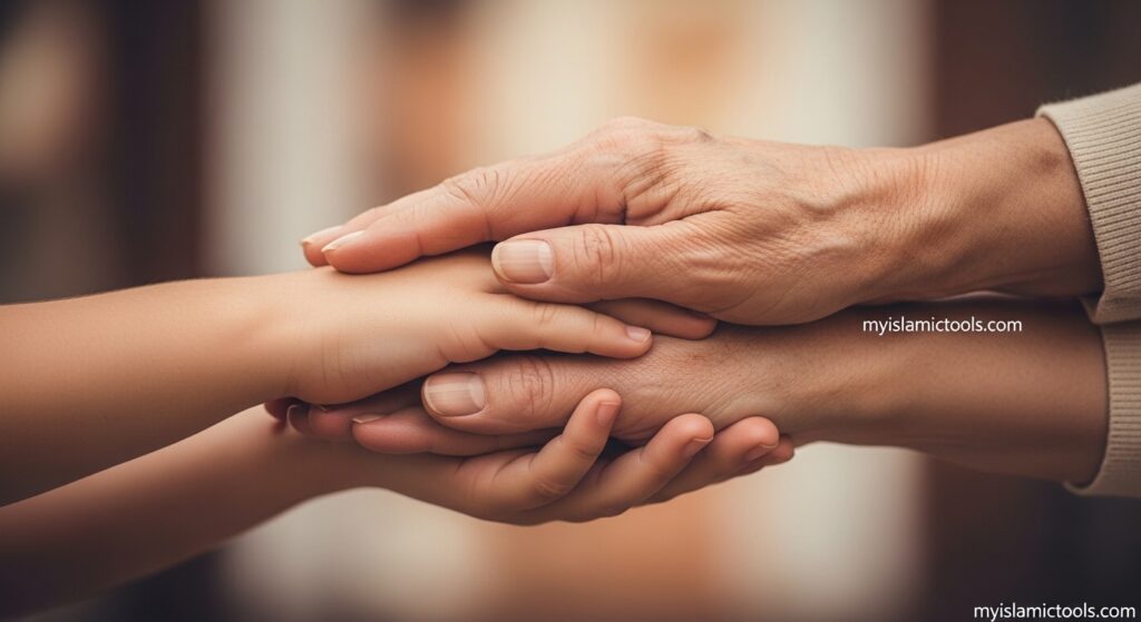 Three hands of different generations stacked, representing Sila Raheem (maintaining kinship ties) and the community support framework that protects Islam and mental health.