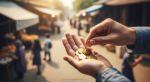 Hands counting golden coins in the foreground, with a vibrant, thriving community softly blurred in the background, symbolizing the direct impact of Zakat and poverty alleviation on societal well-being.