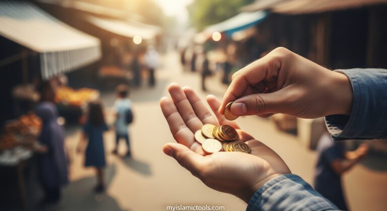 Hands counting golden coins in the foreground, with a vibrant, thriving community softly blurred in the background, symbolizing the direct impact of Zakat and poverty alleviation on societal well-being.