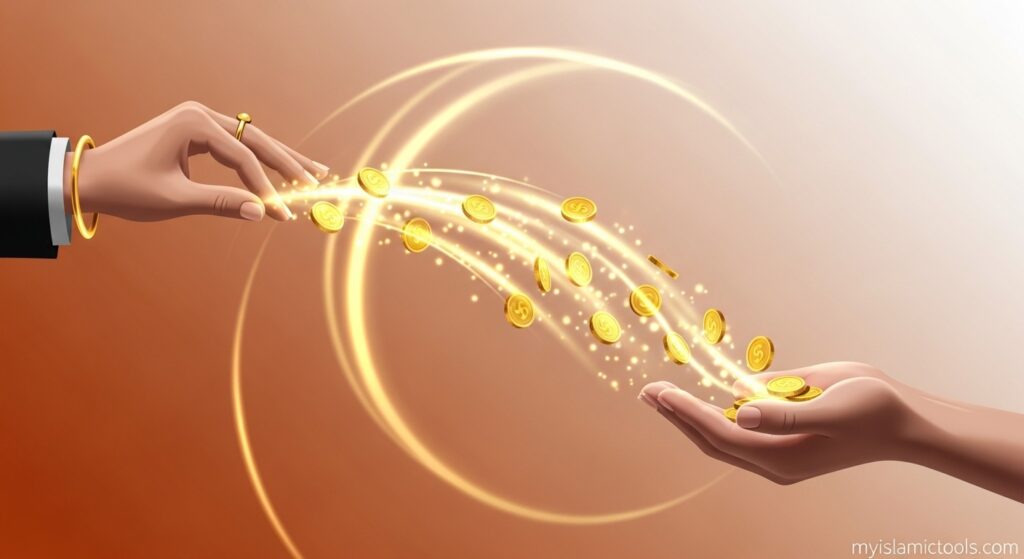 A visual metaphor of wealth flowing from a giving hand to a receiving hand, illustrating how Zakat and poverty is reduced through equitable distribution.